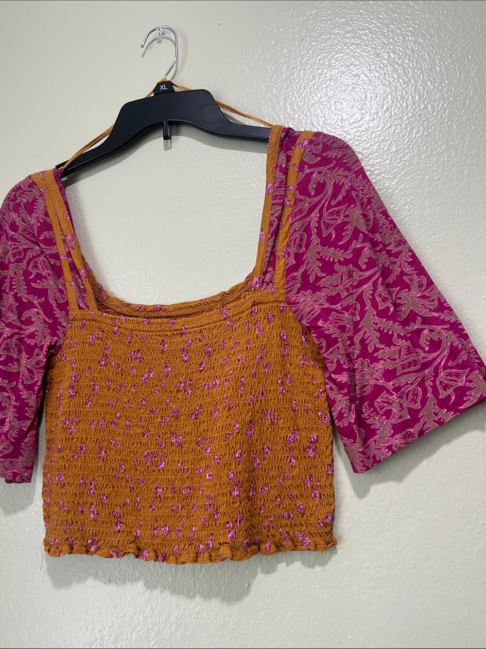 Free People Rust Smocked Crop Top with Magenta Printed Sleeves